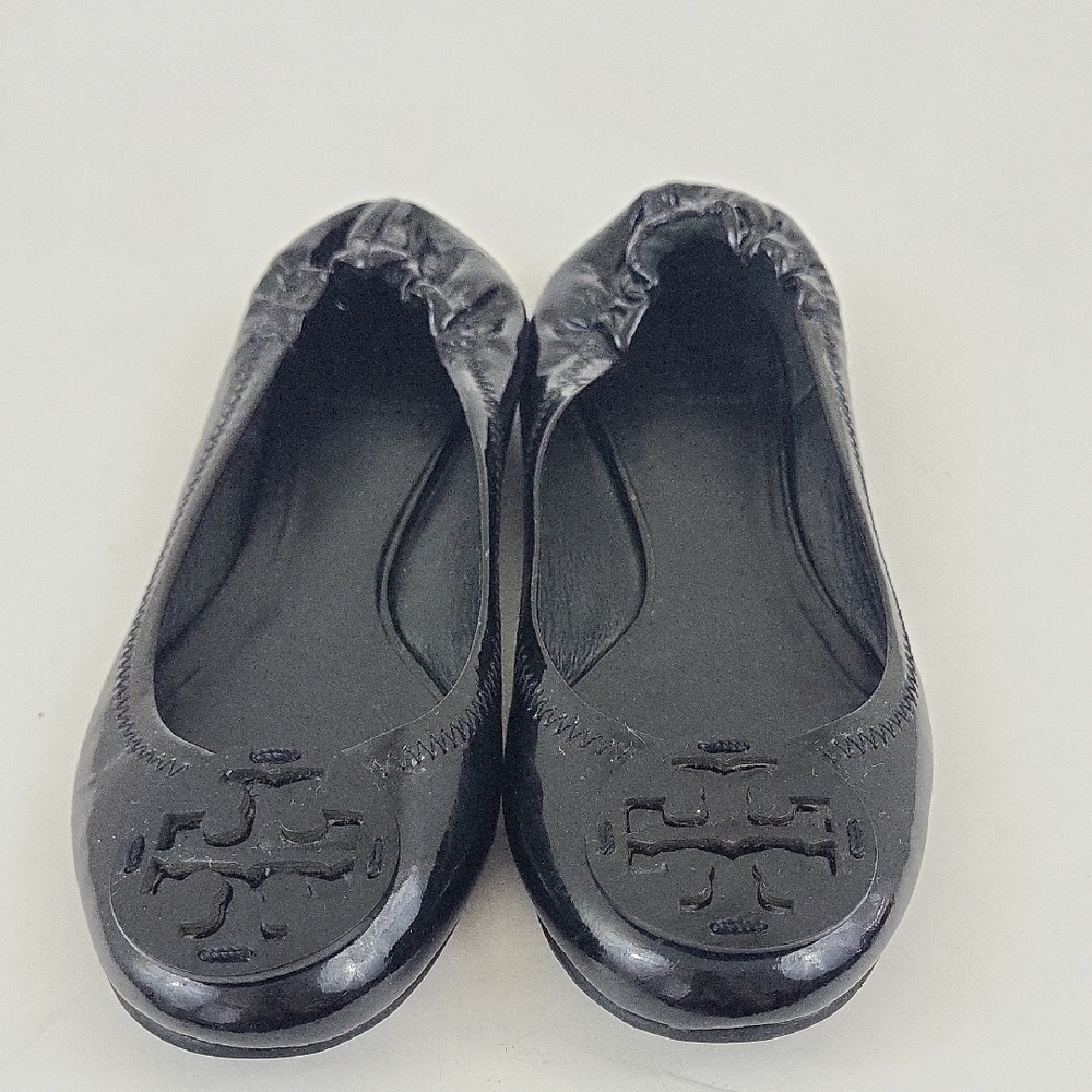 Tory Burch Reva Black Patent Leather w/ Logo Ballet Flats Shoes Size 7 M